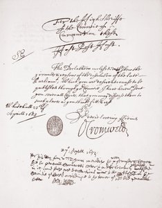 Brev från Oliver Cromwell, april 1653 av English School