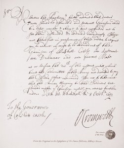 Brev till guvernören i Calshott Castle från Oliver Cromwell, 1651, faksimil från originalet i Sir James Fellowes ägo, Adbury House av English School
