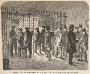 Frigörelse av fångar från Coldbath Fields House of Correction, illustration från The Criminal Prisons of London och scener från Prison Life av Henry Mayhew och John Binny, pub. 1862 av English School