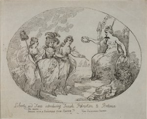 Frihet och berömmelse introducerar kvinnlig patriotism; Britannia och hertiginnan av Devonshire (gravyr) av English School