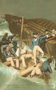 Löjtnant Horatio Nelson går ombord på ett pris i en storm (färg litho) av English School