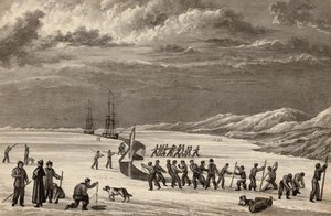 Löjtnant William Parrys första resa: Besättningarna på H.M.S. Hecla och H.M.S. Griper skär in i Winter Harbour, ca 1819 av English School