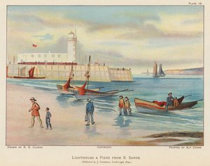 Fyr och pir från South Sands, Scarborough (färglitografi) av English School