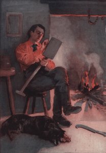 Lincoln skriver essäer på sin träskyffel (litho) av English School