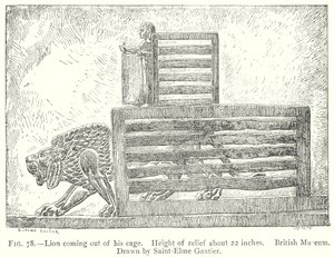 Lejon som kommer ut ur sin bur (gravyr) av English School