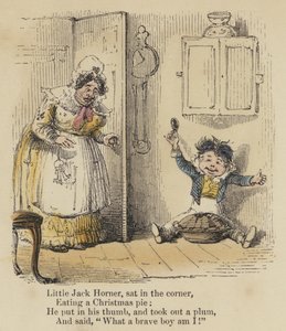 Lilla Jack Horner satt i hörnet och åt en julpaj. Han satte in tummen och tog fram ett plommon och sa: "Vilken modig pojke är jag!" (färgad gravyr) av English School