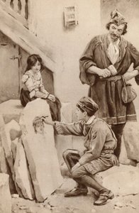 Lille Michael Angelo ritar ett porträtt (lito i färg) av English School