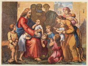 Små barn förs till Jesus (färglitografi) av English School