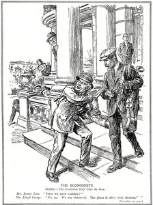 Lloyd George och Bonar Law på Coalition Golf Club, rädda för Anti-Waste-ligan, måste avstå från lyxen av caddies. december 1920 av English School