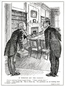 Lloyd George går in i ett kabinettsrum tom på ministrar som är upptagna med att skriva artiklar för tidningarna, augusti 1920 av English School
