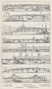 London Bridge, Southwark Bridge, Blackfriars Bridge, Waterloo Bridge, New Hungerford Bridge, Westminster Bridge, Vauxhall Bridge, Hammersmith Bridge (gravyr) av English School