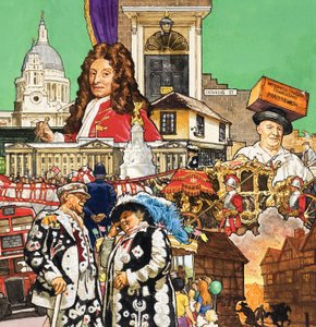 London Montage (gouache på papper) av English School