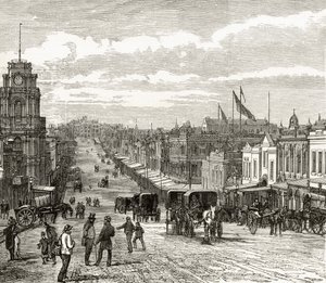 Blick österut på Bourke Street, Melbourne, omkring 1880, från "Australian Pictures" av Howard Willoughby, utgiven av Religious Tract Society, London, 1886. av English School