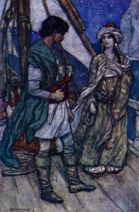 Lord Byron, Conrad och Gulnare (litho i färg) av English School