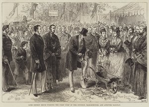 Lord Ernest Bruce Turning the First Turf of the Swindon, Marlborough och Andover Railway (gravyr) av English School