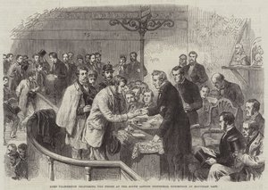 Lord Palmerston levererar priserna på South London Industrial Exhibition på Saturday Last (gravyr) av English School