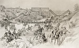 Lord Roberts kolumn som korsar Sand River Drift under andra boerkriget, från "South Africa and the Transvaal War" av Louis Creswicke, publicerad 1900 (litho) av English School
