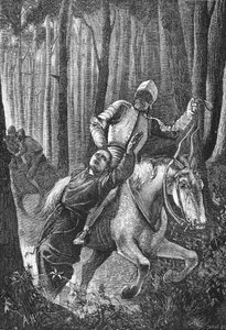 Luther attackerad av maskerade ryttare i Thüringer Wald, illustration från The History of Protestantism av James Aitken Wylie (1808-1890), pub. 1878 av English School