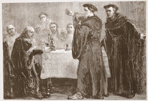Luther utmanar Carlstadt att skriva mot honom, illustration från The History of Protestantism av James Aitken Wylie (1808-1890), pub. 1878 av English School