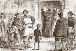 Luther spikade sina teser på dörren till Schloss-Kirk i Wittemberg, illustration från The History of Protestantism av James Aitken Wylie (1808-1890), pub. 1878 av English School
