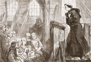 Luther predikar i den gamla träkyrkan i Wittenberg, illustration från The History of Protestantism av James Aitken Wylie (1808-1890), pub. 1878 av English School