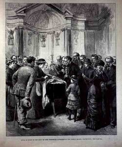 Ligger i staten, Lord Frederick Cavendishs (1836-82) kropp i Family Chapel, Chatsworth, från The Illustrated London News, 20 maj 1882 av English School
