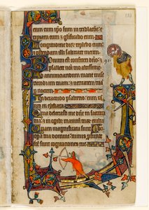 MS 1-2005, fol. 133r: An Archer och St. John the Baptist, marginaldekoration från Macclesfield Psalter, Use of Sarum, East Anglia, ca 1330 av English School