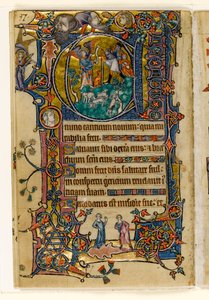 MS 1-2005, fol. 139v: The Annunciation to the Shepherds, historisk initial från Macclesfield Psalter, Use of Sarum, East Anglia, ca 1330 av English School