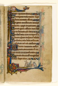 MS 1-2005, fol. 15r: En hare och en hund spelar en orgel, marginaldekoration från Macclesfield Psalter, Use of Sarum, East Anglia, c.1330 av English School