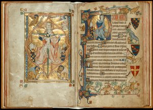 MS 242 f. 28v-29r Barmhärtighetens tron med beskyddare, Kristus välsignelse med en beskyddare, c.1314-30 (bladguld & tempera på pergament) av English School