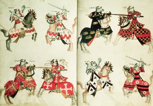 MS Harley 4205 fol.31v-32 Riddare som visar heraldiska emblem (vellum) av English School