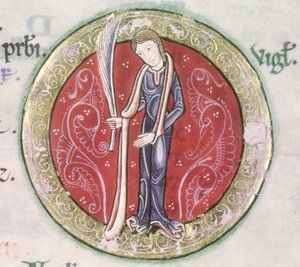 MS Hunter 229 f.4v Jungfrun, från Hunterian Psalter, c.1170 (penna & bläck och tempera på veläng) (detalj) av English School