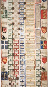 MS Lewis E 201 avsnitt 5, Chronicle of the History of the World from Creation to Woden, med en Genealogy of Edward IV, c.1461 av English School