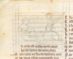 MS McClean 123 f.40v Unterzeichnung für eine Miniatur, die einen Jäger zeigt, der ein Einhorn fängt, das nackt im Schoß einer Jungfrau liegt, aus 