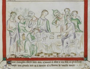 MS Royal 2 BVII, f.43 Möte av Simson och Delila vid en filistinfest, detalj från 