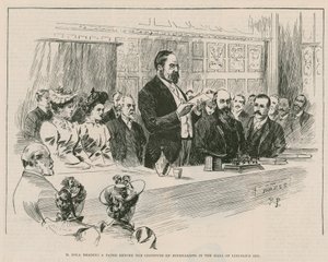 M Emile Zola läser en tidning inför Institute of Journalists i hallen på Lincolns Inn, London av English School