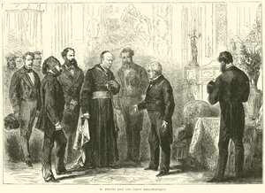 M Thiers och den diplomatiska kåren, mars 1871 av English School