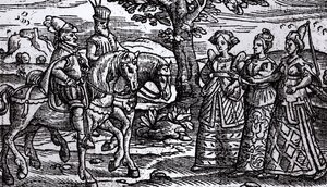 Macbeth, Banquo och de tre häxorna, The Historie of Scotlande, 1577, av English School
