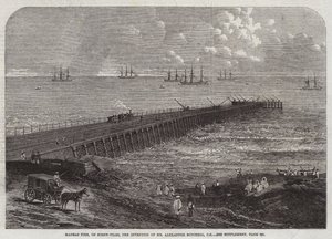 Madras Pier, på skruvhögar, uppfinning av Mr Alexander Mitchell, CE (gravyr) av English School
