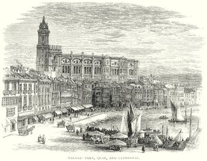 Malaga – Hafen, Kai und Kathedrale (Gravur) von English School