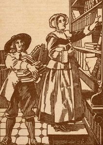 Manliga och kvinnliga bokhandlare som arbetar i en 1600-talsbokhandel (litho) av English School