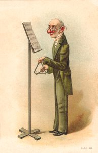 Man läser notblad för att spela triangel (färglitografi) av English School