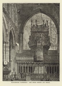 Manchester Cathedral, körskärmen och orgeln av English School