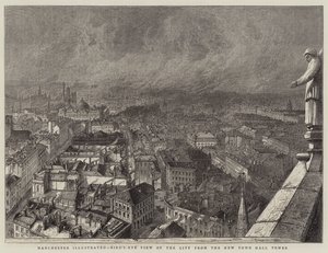 Manchester Illustrated, Fågelperspektiv över staden från New Town Hall Tower (gravyr) av English School