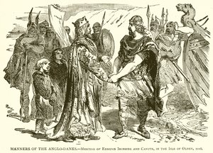 Anglo-danernas seder.-- Möte av Edmund Ironside och Knud, på Isle of Olney, 1016 av English School
