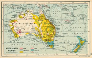 Karta: Australasien, Ekonomisk (färglitografi) av English School