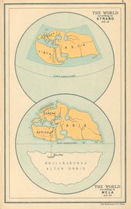 Karta: Världen enligt Strabo AD 18, Mela AD 43 (färglitografi) av English School