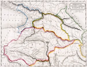 Karta över Armenien, Kolchis, Iberien och Albanien, från "The Atlas of Ancient Geography", av Samuel Butler, utgiven i London, ca 1829 (litografi i färg).