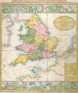 Karta över Storbritannien, som illustrerar den hotade invasionen av Napoleon Bonaparte (1769-1821) 1803 (färg litho) av English School