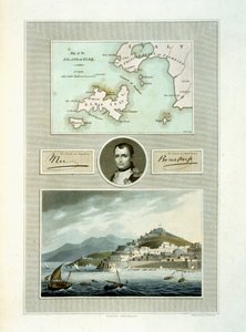 Karta över Elba och utsikt över Porto Ferraio med porträtt av Napoleon och faksimil av hans signatur, 1815 (färgstick) av English School